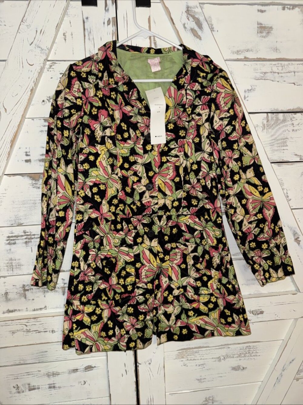 Nolita Trench Coat  Butterfly Jacket Black Multicolor Cotton Long Button NWT VTG